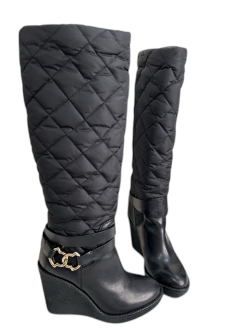 Moncler Cernobbio Black Quilted Leather Wedge Boots Women's 8 - Picture 3 of 9